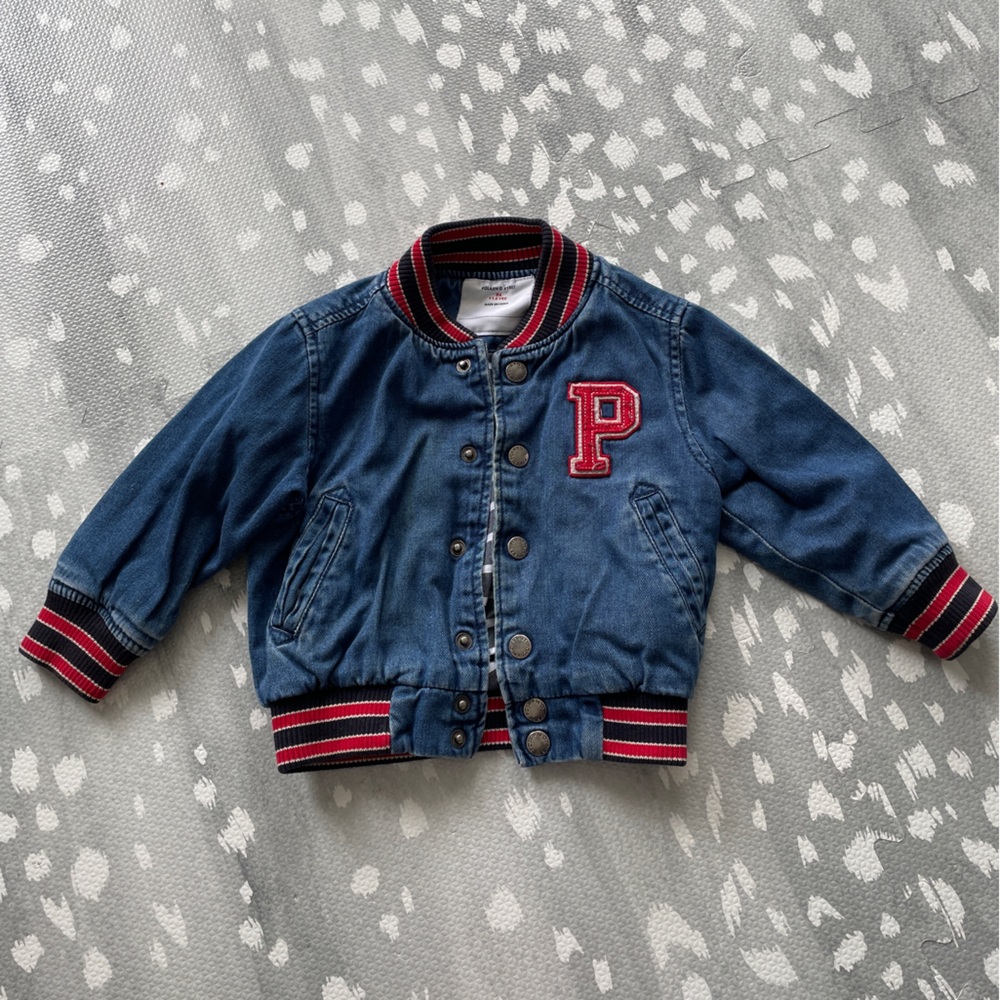 Polarn O. Pyret Blue and Red Jean Jacket Varsity, 12-18 mo